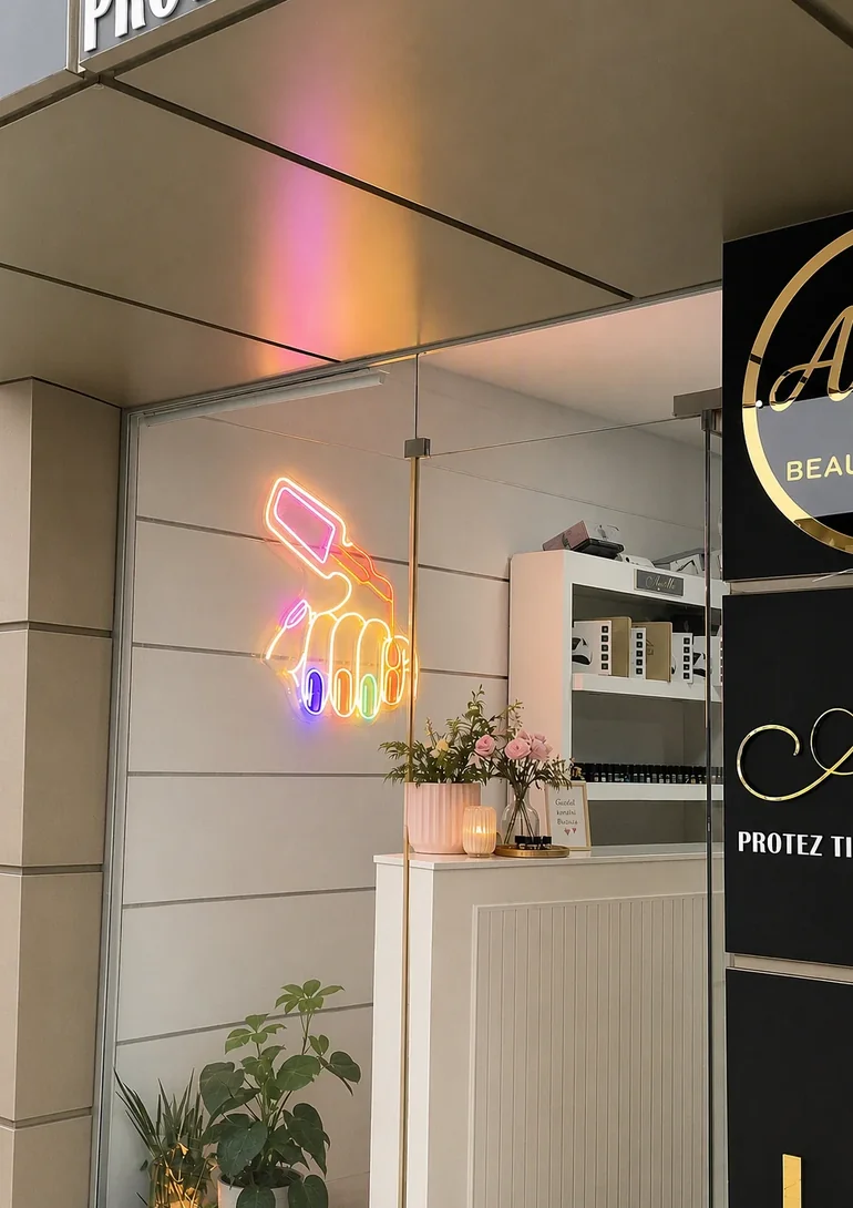 Camın ardında tırnak boyayan eli gösteren neon tabela; altında çiçekli beyaz tezgâh